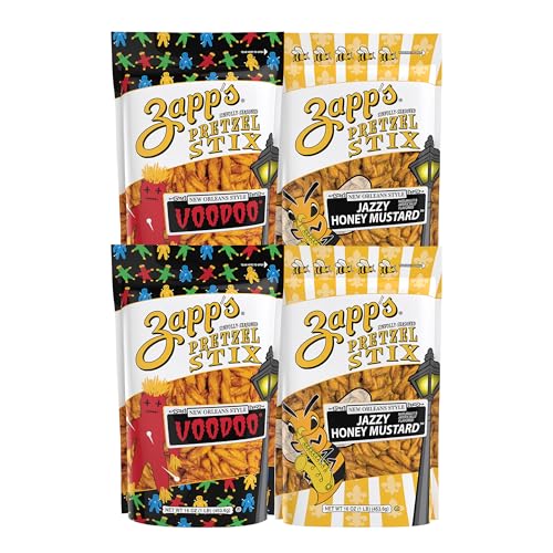 Zapp's Seasoned Pretzel Stix, 16oz. Pouch Variety Pack (Pack of 4), Voodoo & Jazzy Honey Mustard Flavors